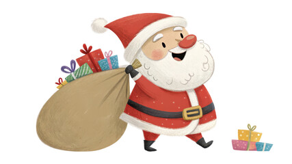 Fototapeta premium Jolly Santa Claus with Gift Bag Illustration, Isolated on Transparent Background, Digital Painting, Christmas Character, Christmas, Santa, Illustration