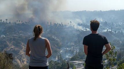 Couple watches wildfire smoke over hillside town