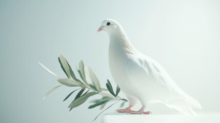 Obraz premium Tranquil white dove with olive branch on minimalist background for peace symbolism