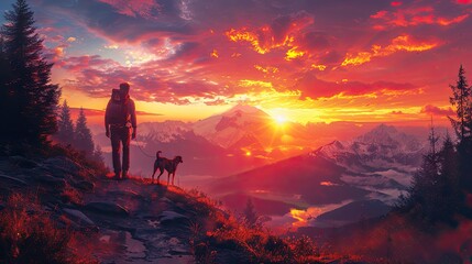 Fototapeta premium man hiker with a bag pack and dog on the mountain