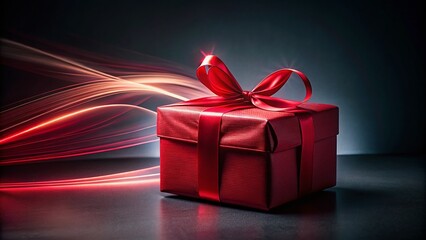 Minimalist Red Gift Box with Bow - Long Exposure Dark Background Stock Photo