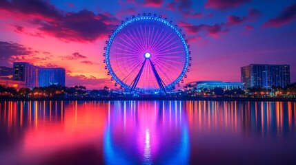 Obraz premium Illuminated Ferris wheel reflecting sunset over city lake