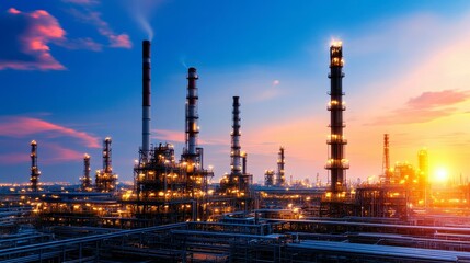 Obraz premium Industrial skyline at sunset showcasing refinery towers and pipelines under a vibrant sky