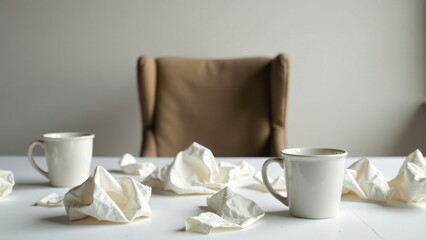 A quiet moment of reflection, symbolized by crumpled tissues and two empty mugs on a table near a comfortable chair