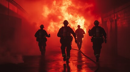 Fototapeta premium Firefighters rushing through burning building, training exercise