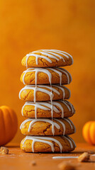Autumn treats: neatly stacked pumpkin cookies with drizzle glaze
