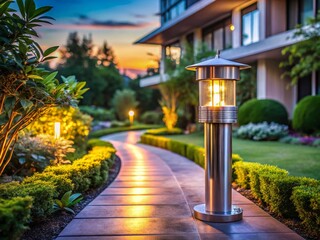 Obraz premium Modern Aluminum Terrace LED Light Fixture Illuminating Night Landscape