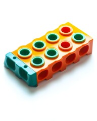 A colorful educational toy with holes for sorting and stacking.