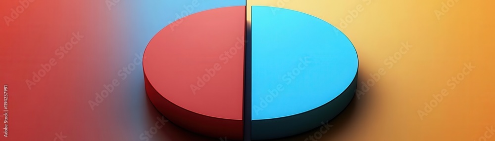 Poster A vibrant pie chart split evenly between red and blue, set against a gradient background, symbolizing comparison or data representation.