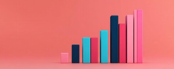 Obraz premium A colorful bar graph with ascending heights displayed against a vibrant coral background, symbolizing growth and progress.