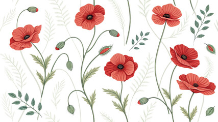 Red Poppy Floral Seamless Pattern Botanical Illustration Isolated on Transparent Background, Poppy, Floral Design, Vector, Poppies, Seamless, Botanical