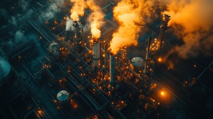 Fototapeta premium Aerial View of an Industrial Complex at Night with Smoke Emitting from Tall Stacks and Glowing Pipes, Illustrating Energy Production and Manufacturing Process
