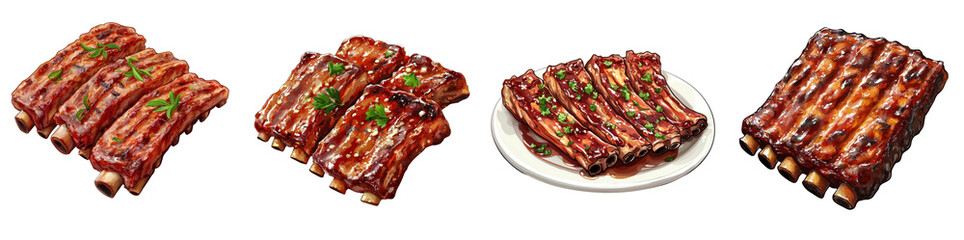 Cartoon-style grilled pork ribs, isolated on a white background. collection set png.