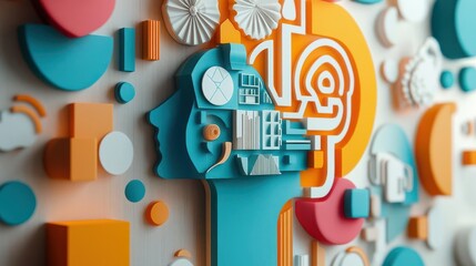 Fototapeta premium A colorful, abstract representation of a human head intertwined with technology and geometric shapes, symbolizing innovation and creativity.