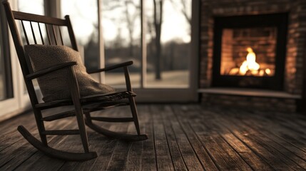 Cozy rocking chair by fireplace in sunroom.