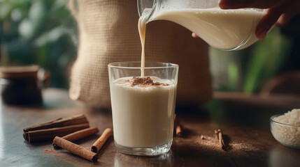 Refreshing horchata drink being poured into a glass with cinnamon sticks and brown rice in rustic setting