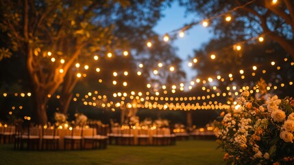 Romantic outdoor garden wedding reception at dusk