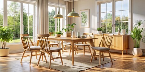 Modern Scandinavian Dining Room: Wooden Dining Set by Window