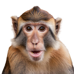 A surprised monkey with expressive eyes and open mouth on a white isolated background.