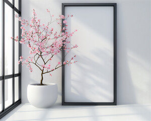 Mock up photo or poster with frame on the wall with plant, version 8