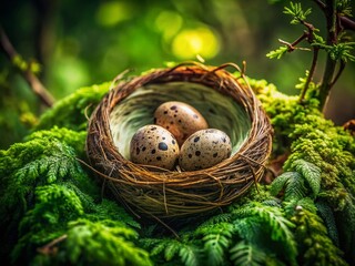 Fototapeta premium Mossy Bird Nest with Speckled Eggs in Lush Green Foliage - Double Exposure Stock Photo