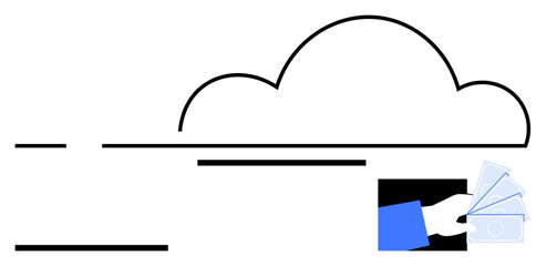 Cloud outline linked to a hand holding cash notes, blending finance and technology. Ideal for fintech, digital payments, cloud storage, online banking, e-commerce, innovation, abstract line flat