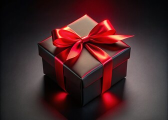 Obraz premium Mysterious Red Neon Ribbon Gift Box - Dark Background Stock Photo
