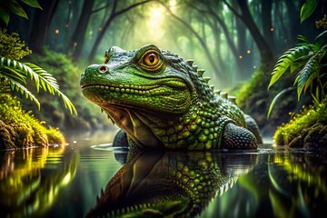 Obraz premium Mysterious Swamp Creature: Green Monster Emerging from Murky Waters