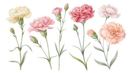 Obraz premium Watercolor Dianthus Collection Six Pink, Peach, and White Carnations Isolated on Transparent Background, Botanical Illustration, Floral Design, Carnation, Floral, Watercolor