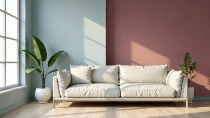 Fototapeta premium Serene Living Room with Modern Sofa and Lush Greenery in Soft Light