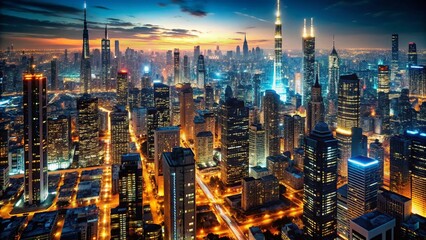Fototapeta premium Night City Lights Expanding, Urban Sprawl, Glowing Metropolis, Dark Sky, Cityscape at Night