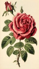 the AI Image Generator, Illustrated Botanical Artwork of a Red Rose with Detailed Leaves