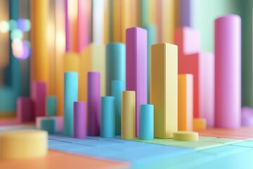 A vibrant array of colorful geometric shapes representing a bar chart, showcasing data visualization in a playful and artistic manner.