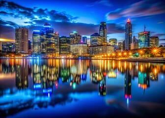 Obraz premium Night Photography: City Lights Reflecting on Calm Water