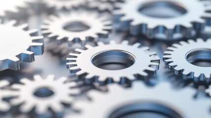 A close-up view of metallic gears interlocking, showcasing intricate details and reflecting light, symbolizing mechanics and engineering.