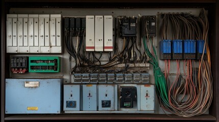 A detailed control panel featuring various electrical components, wires, and circuit breakers, showcasing industrial design and functionality.