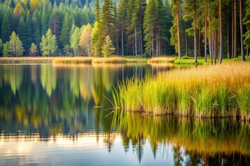 Minimalist Pond Scene: Spruce Forest Reflection, Reeds, Still Water