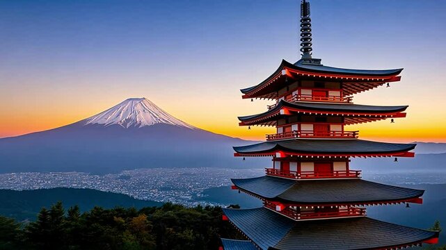 Scenic view of a traditional pagoda with Mount Fuji in the background at sunset.