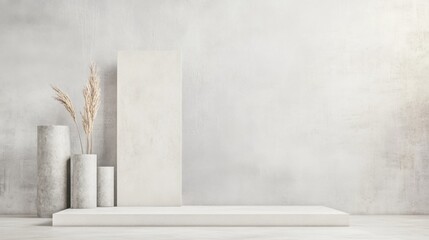 Minimalist Studio Interior with Neutral Tones Featuring Natural Decor Elements and Textured Background for Modern Design Aesthetic