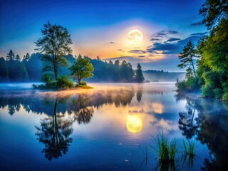 Obraz premium Mystical Full Moon Lake at Twilight: Fog, Trees, Macro Photography