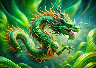 Fototapeta premium Mystical Green Dragon in Motion: Abstract Asian Art, Vibrant Scales, Flowing Energy