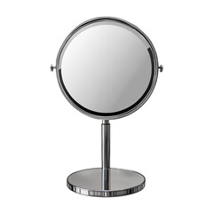 An ultra-realistic photograph of a round, stand-up makeup table with a silver metal mirror, isolated on a transparent background  