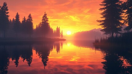 Fototapeta premium A breathtaking sunset reflects vibrant warm hues on the lake, with silhouetted trees framing the serene landscape.