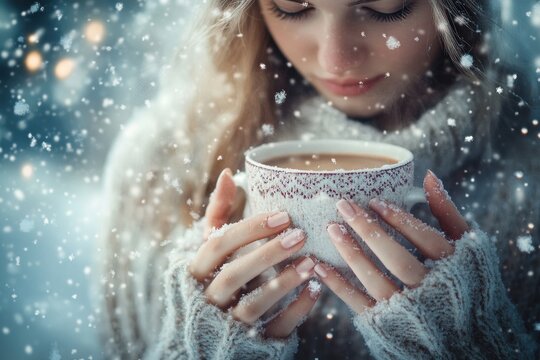 Slim young woman in a cozy winter sweater holding a cup of hot cocoa, snow falling outside, joyful holiday atmosphere, soft natural light, bokeh background, half-body portrait, photographic style