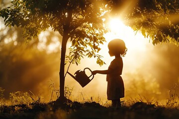 Silhouette of a child watering a newly planted tree, with sunlight filtering through the branches, symbolizing sustainability and hope.