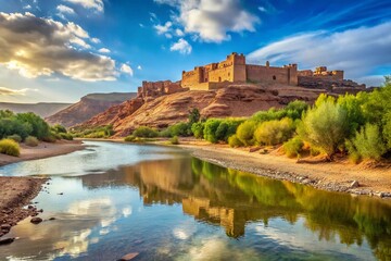 Panoramic Minimalist View: Oum Errabia River & Kasba Tadla Fortress, Beni-Mellal