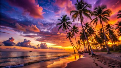 Panoramic Vibrant Orange & Purple Sunset Beach Palm Trees