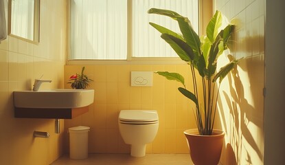 Fototapeta premium Bright Yellow Bathroom Design: Toilet, Sink, Plants, and Sunlight Enhance Interior Decor