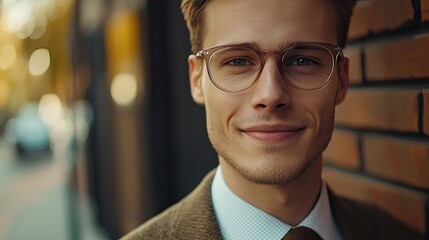 Fototapeta premium Smart businessman smiling at camera, wearing trendy transparent glasses