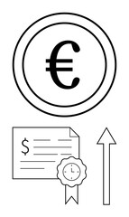 Euro currency symbol inside a circle, certificate with dollar sign and ribbon, and upward arrow. Ideal for finance, investment, growth, success, economics prosperity wealth. Simple abstract line